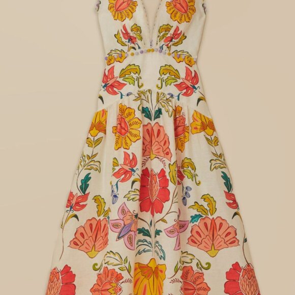 FARM Rio Off-White Floral Insects Euroflax™ Premium Linen Maxi Dress - NWT -- XS - Picture 3 of 7